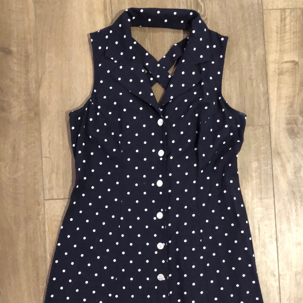 Vintage SHERI MARTIN New York - Navy Polka Dot Sleeveless Dress - Picture 5 of 12